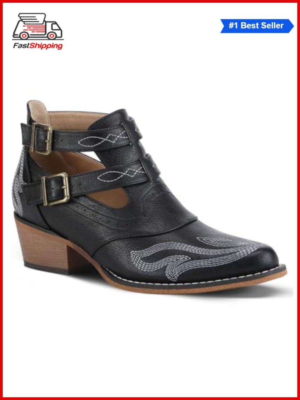 Western Ankle Cowboy Boots Faux Leather Snip Toe Low Heel Buckle